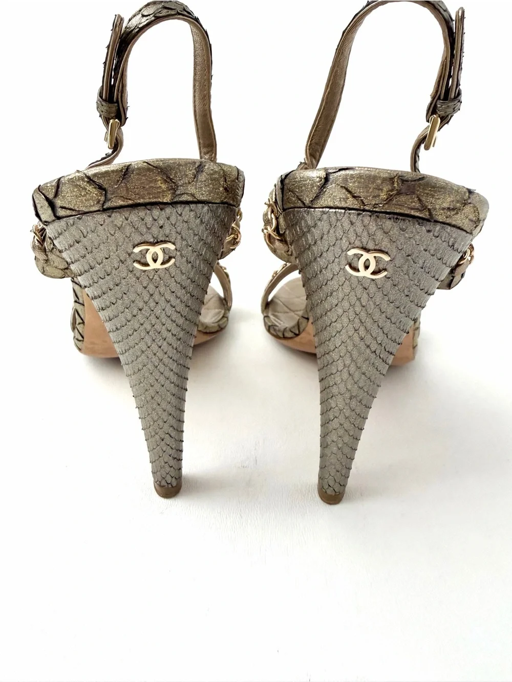 CHANEL | Gold Bronze Python CC Logo Chain Ankle Strap High Heel Sandals EU 41